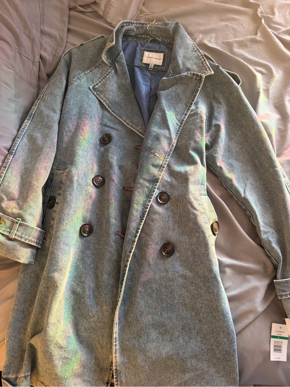 Light Wash Denim Double-Breasted Women's Trench Coat - Blue